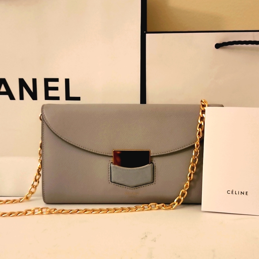 Celine Trotteur Crossbody Purse Clutch WOC Caviar Leather Gray